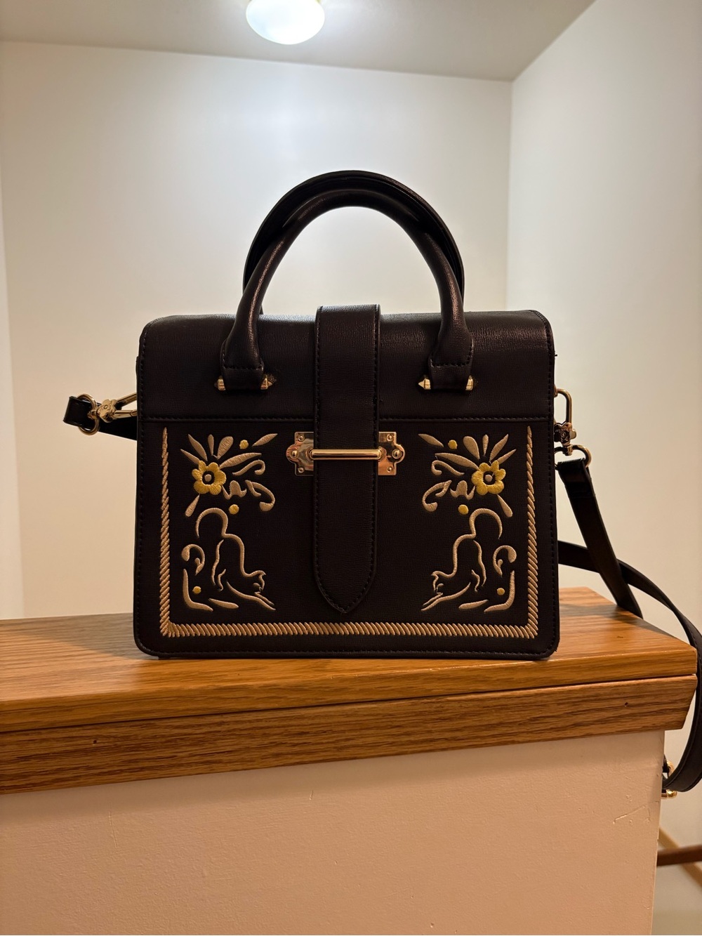 Structured Embroidered Top Handle Bag – Gold Detail Crossbody